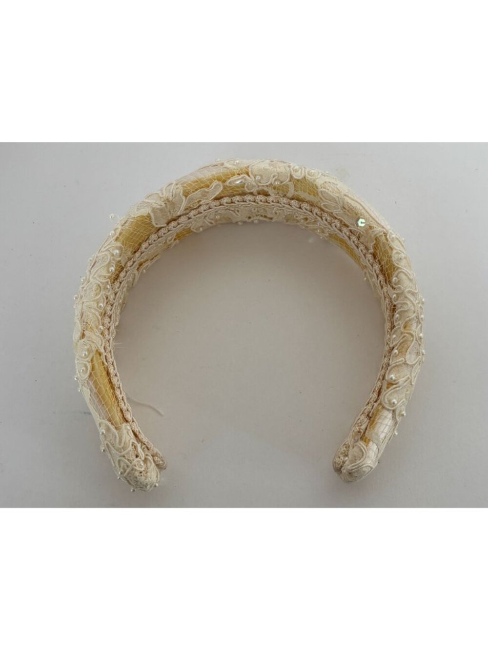 Ivory Lace Pearl Beaded Headband Bridal Wide Padded Wedding Vintage Bride - Picture 3 of 12